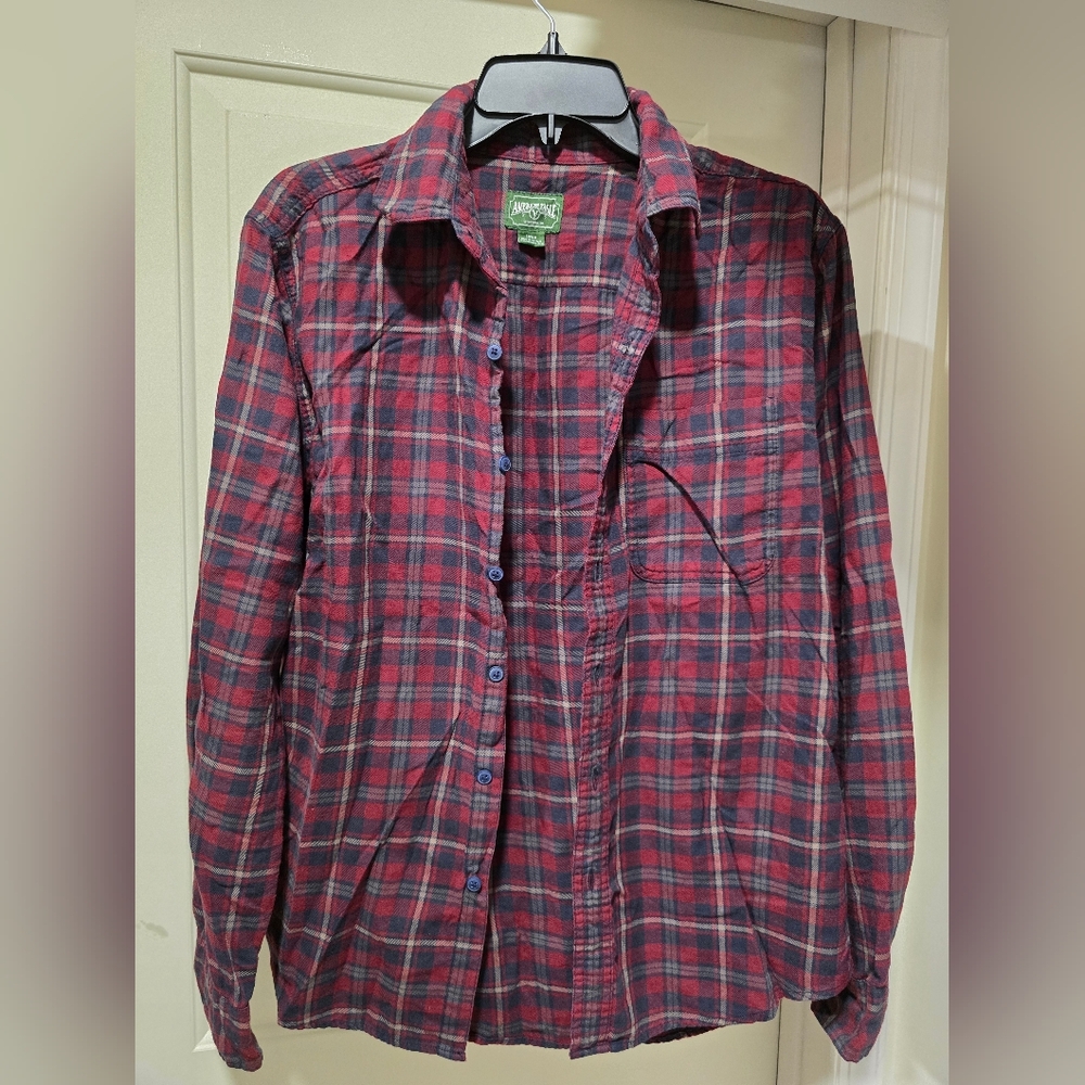American Eagle Mens Red and Blue Plaid Flannel Button-Up Shirt